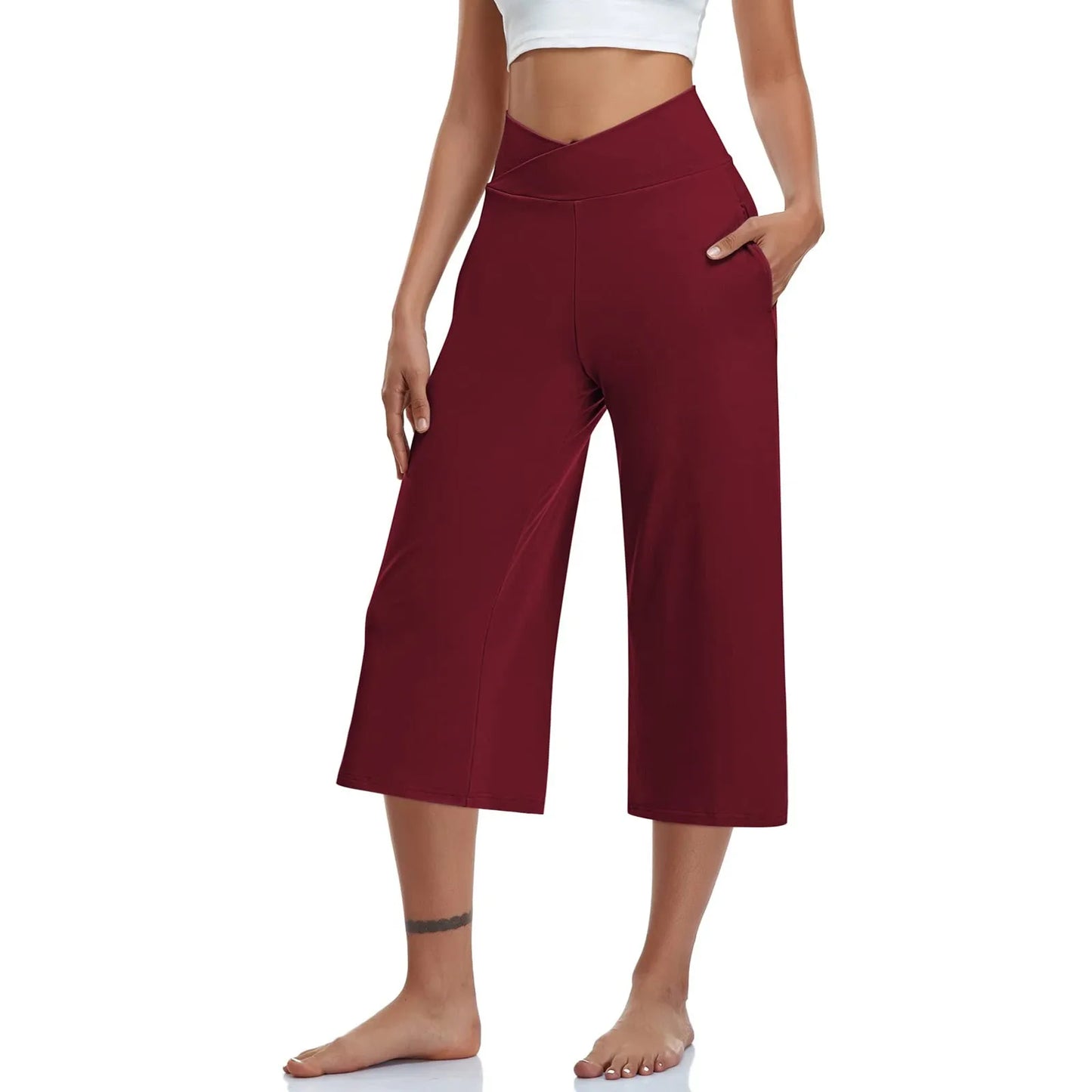 Spring and Summer Women Elastic High Waist 3/4 Pant Solid Casual Active Fit Wide Capri Leg Trousers With Pockets.  S-3X