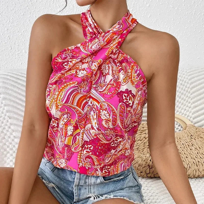 Floral Print Cross-Over Neck Sleeveless Sexy Floral Patterned Strapless Summer Casual Women's Top.  S-XL