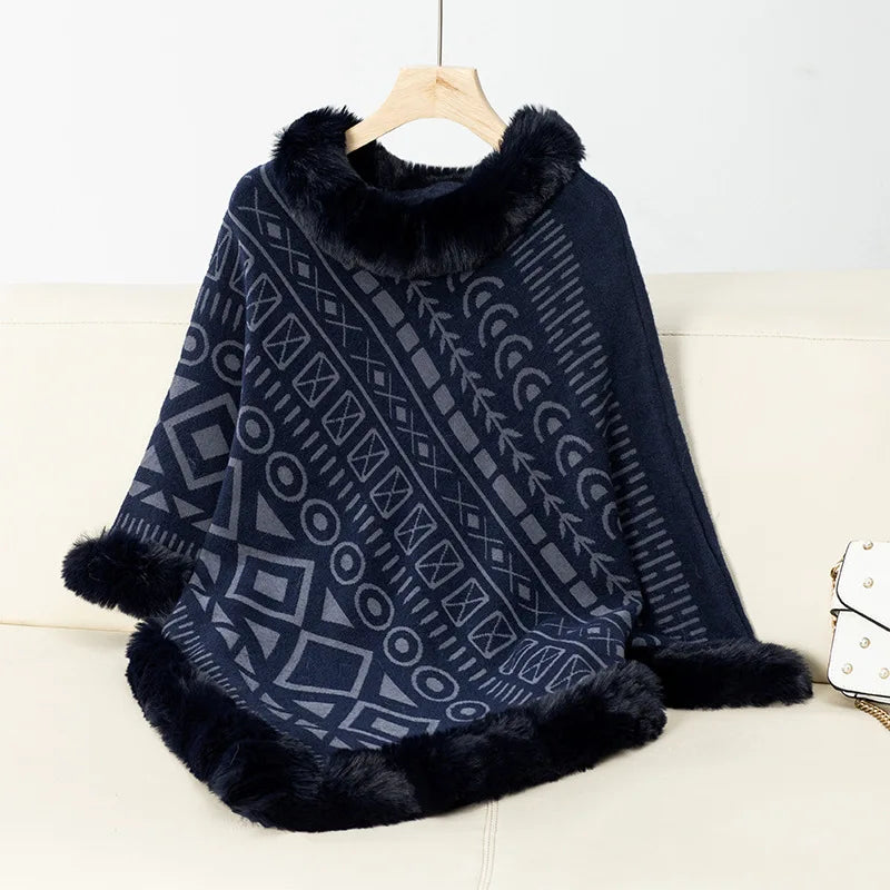 Women Poncho/ Sweater Pullover Fur Collar Cloak Irregularity Warm Thick Elegant Autumn Winter Casual Poncho