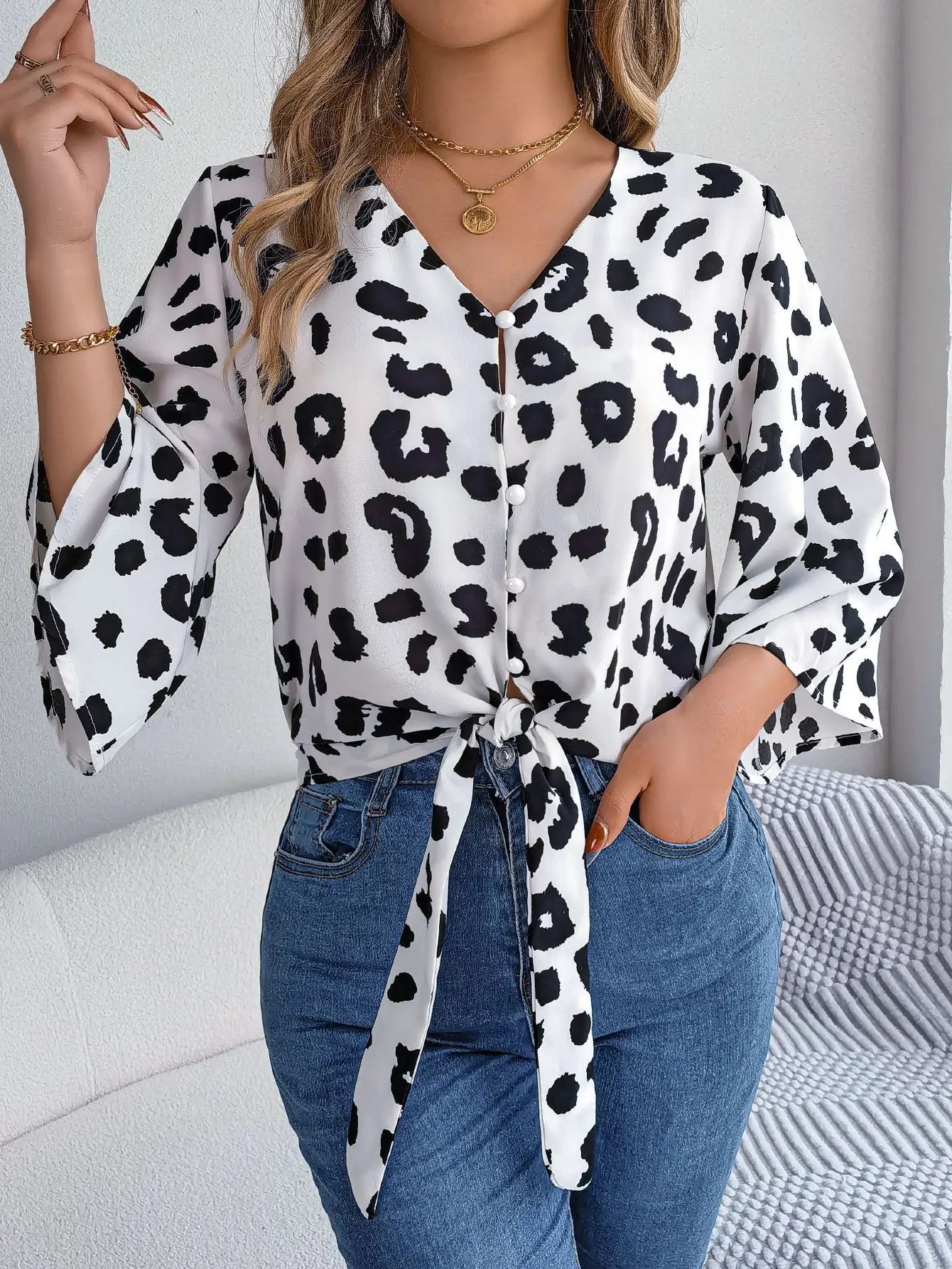 Casual Leopard Print Half Sleeve Top Button Shirt.  S-XL