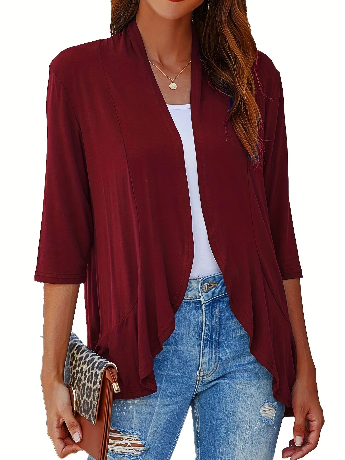 Plus Size Loose Pleated Cardigan Casual Frill Solid 3/4 Sleeve