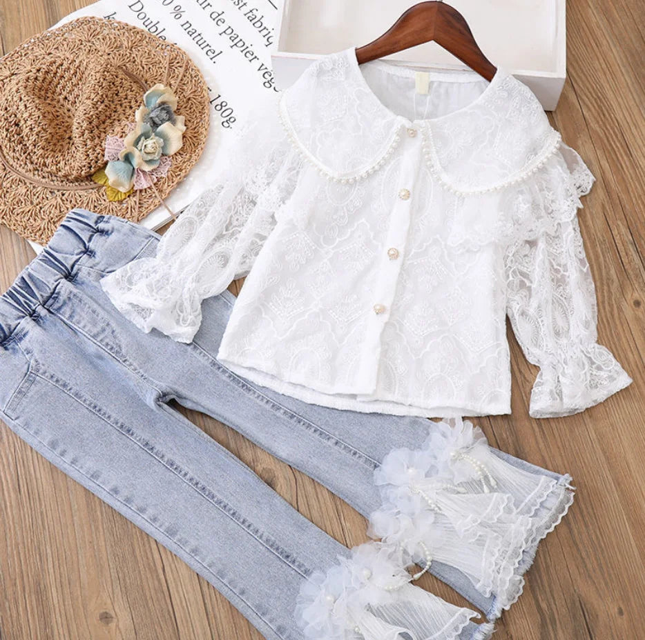 Girls Set All Season Children's Lace Long-sleeved Shirt Two-piece Set.