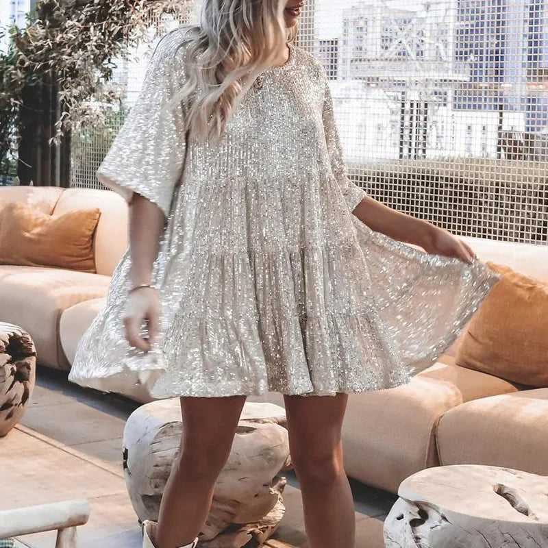 Fashionable Sequins Round Neck Loose-Fit Waist, Short Sleeves New Arrival European Style.  S-3X