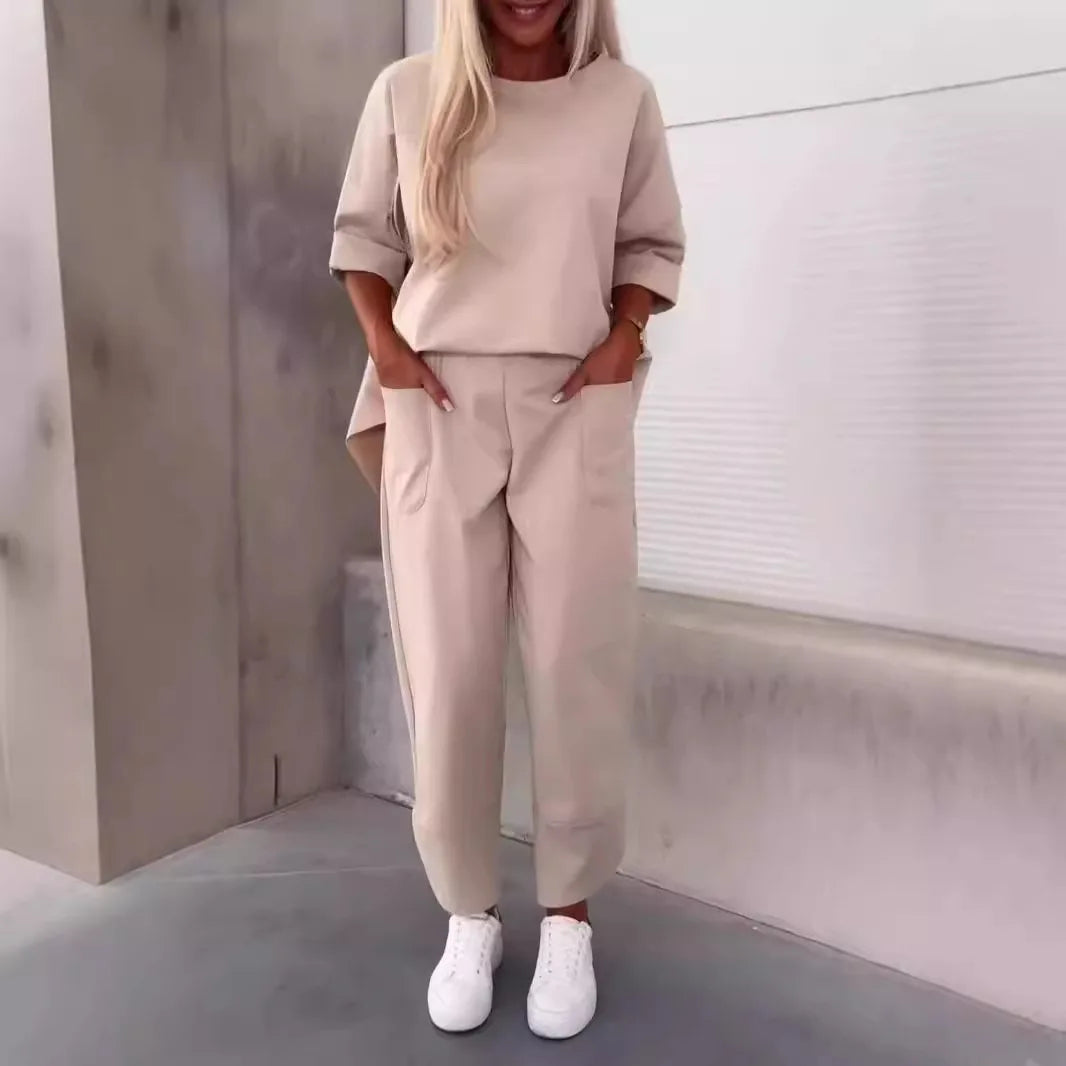 Women Two Piece Set Solid Top Ankle Length Pants Sport Matching Set.  S-3xL