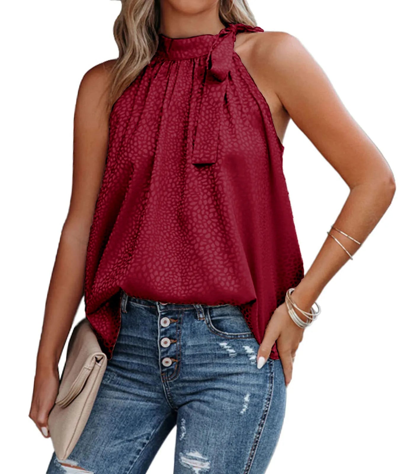 Elegant Camisole Solid Sleeveless Lady Summer Tie Up Party Shirt.  S-2X