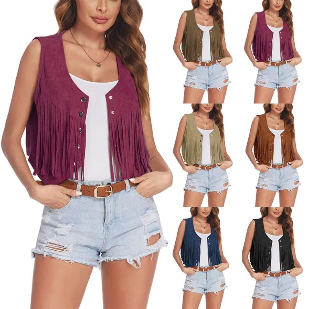 Women Faux Suede Ethnic Sleeveless  Rivet Fringe Tassels Hippie Open Front Vest Vintage Cowgirl Vest