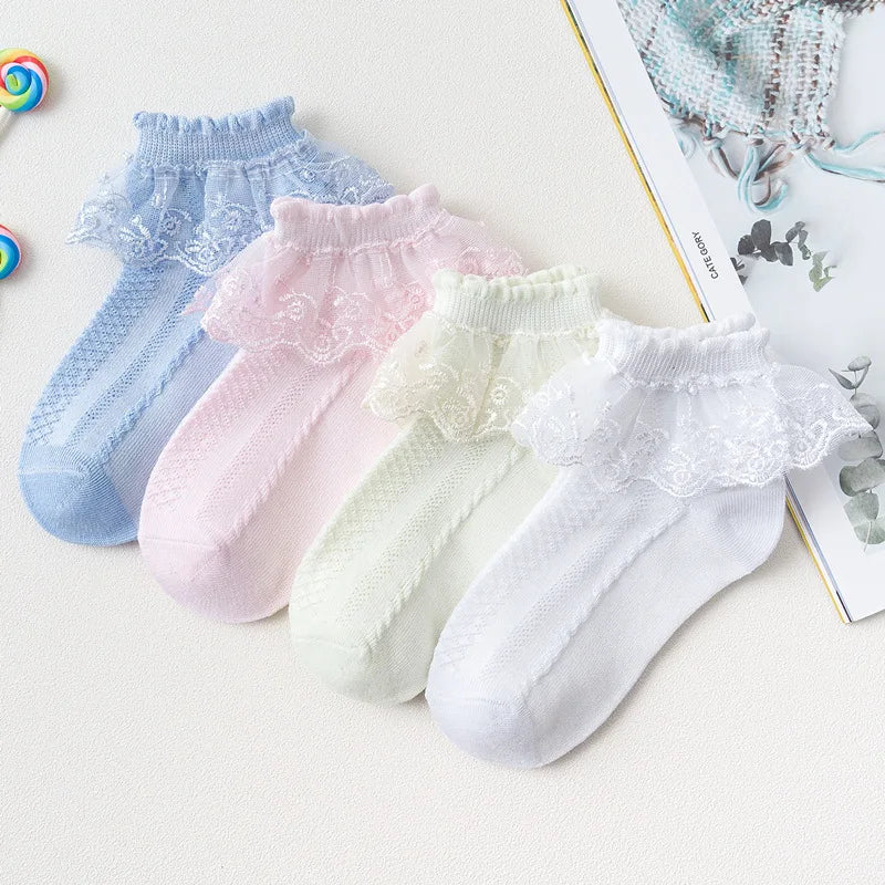4 Pairs Girls Lace Ruffle Socks Adorable Princess-Style Kids Dance-Ready Socks with Frilly Trim.  Sizes for 1-12yrs old