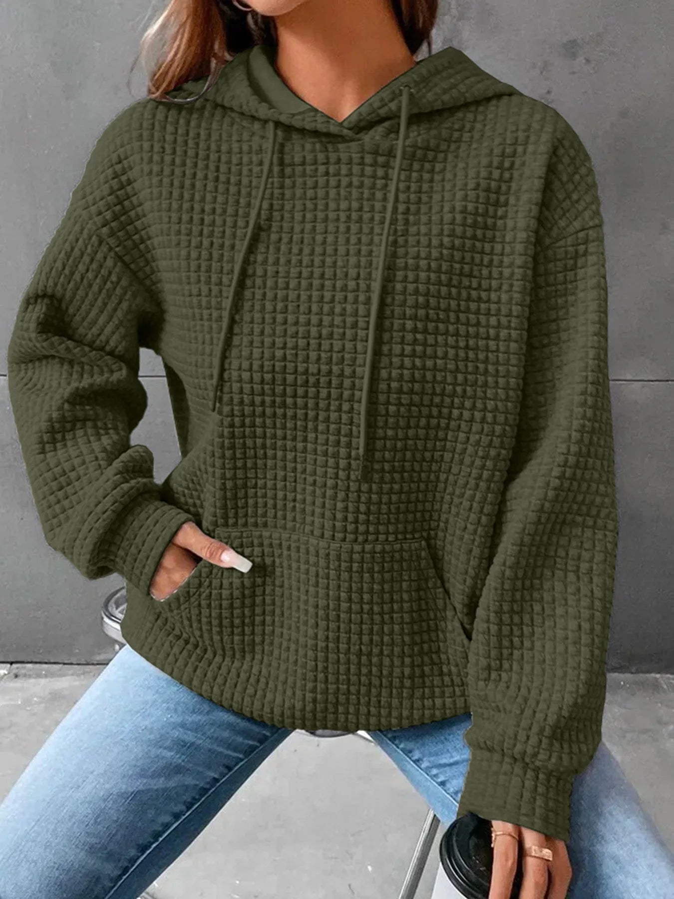 Women's hooded sweatshirt spring and autumn style waffle fashion beautiful solid color hooded drawstring loose sweatshirt.  S-2XL