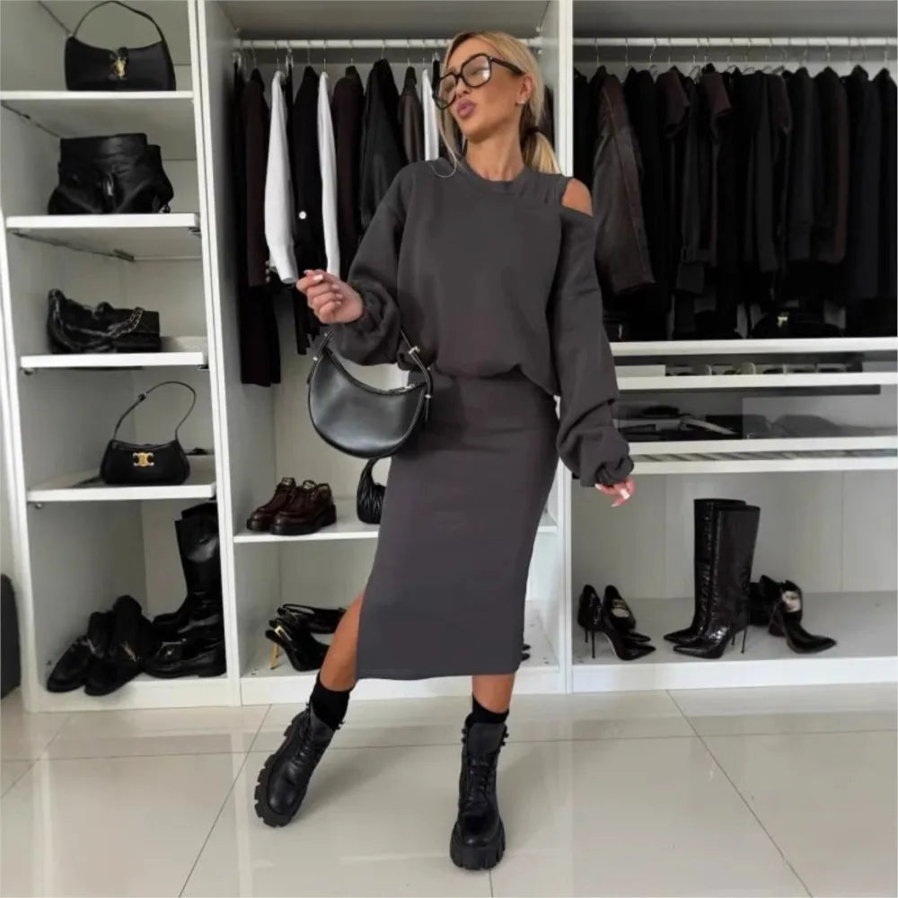 New Dress With Sweatshirt Two Piece Sets Women Fashion Solid Lantern Sleeve Pullover Top Outfit Tank Dress .  S-XL