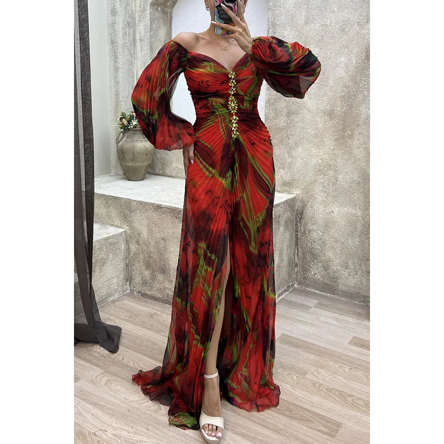 Women Floral Lantern Long Sleeve Dress Elegant Rhinestone Off Shoulder Maxi Sexy Deep V-neck Party Dress.  S-XL