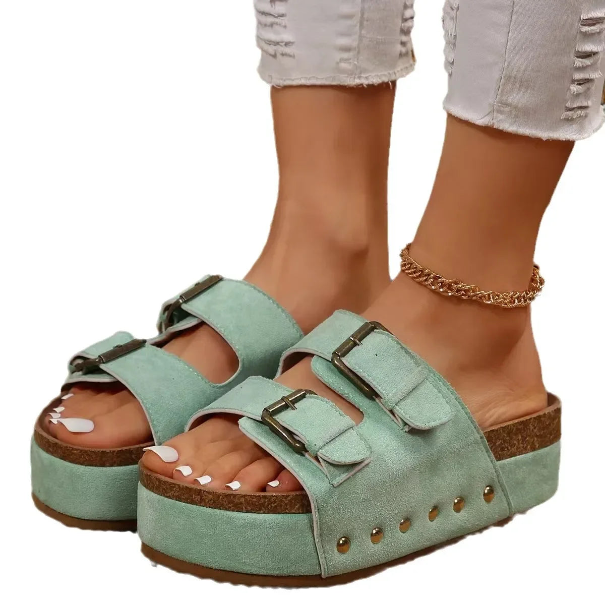 Top Quality Thick Bottom Buckle Cropped Studded Sandals.