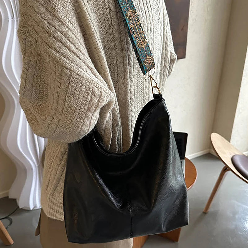 Versatile Geometric Strap Shoulder Bag Large Capacity Cross-body Retro Pu Leather Women's Bag