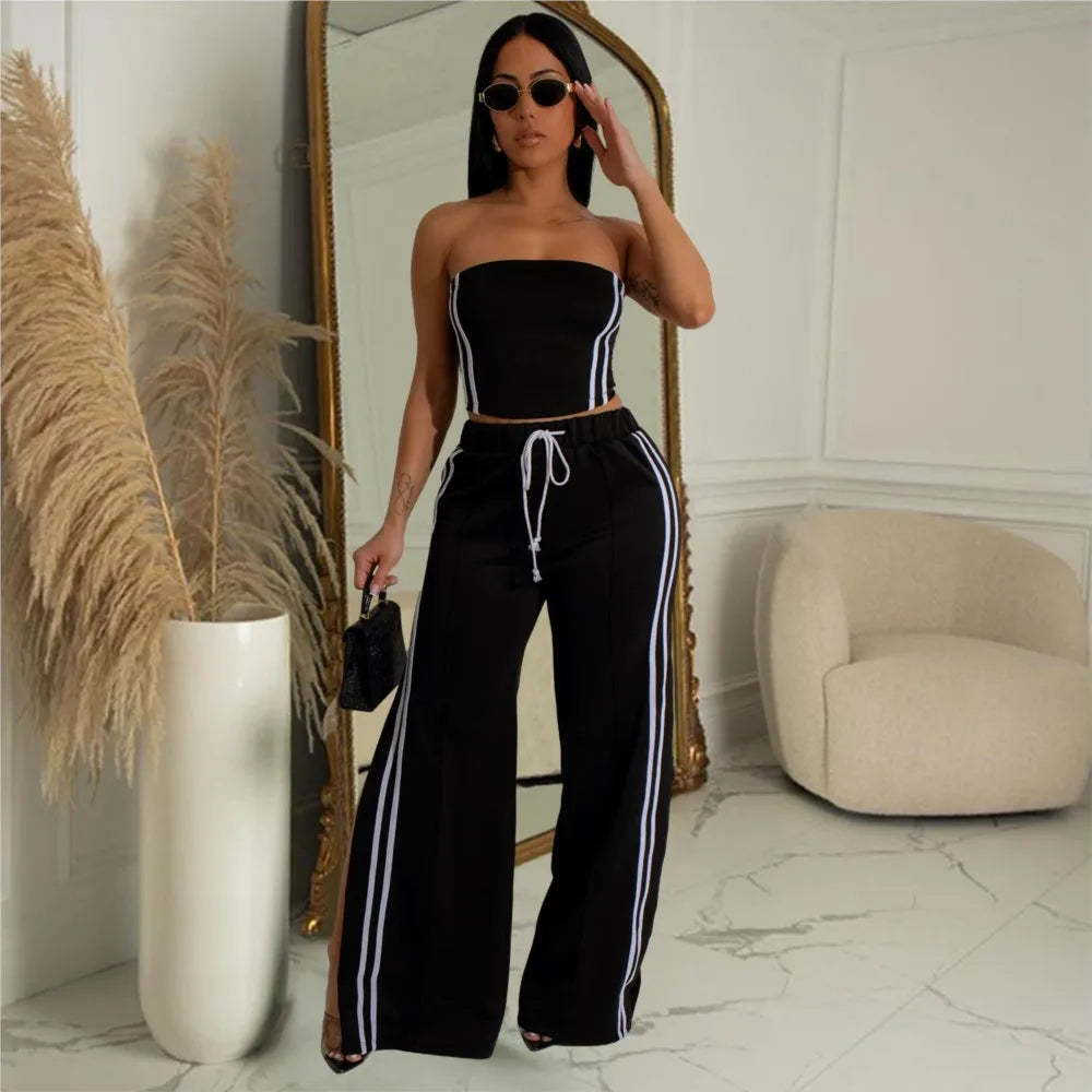Women's Sexy Sleeveless Wide-leg Pants Two-piece Summer New Female Casual Solid Color Striped Top Long Pant Suit 2025.  S-2x