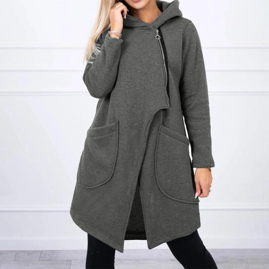 Women Loose Casual Side Zipper Jacket Thermal Hooded Jacket
