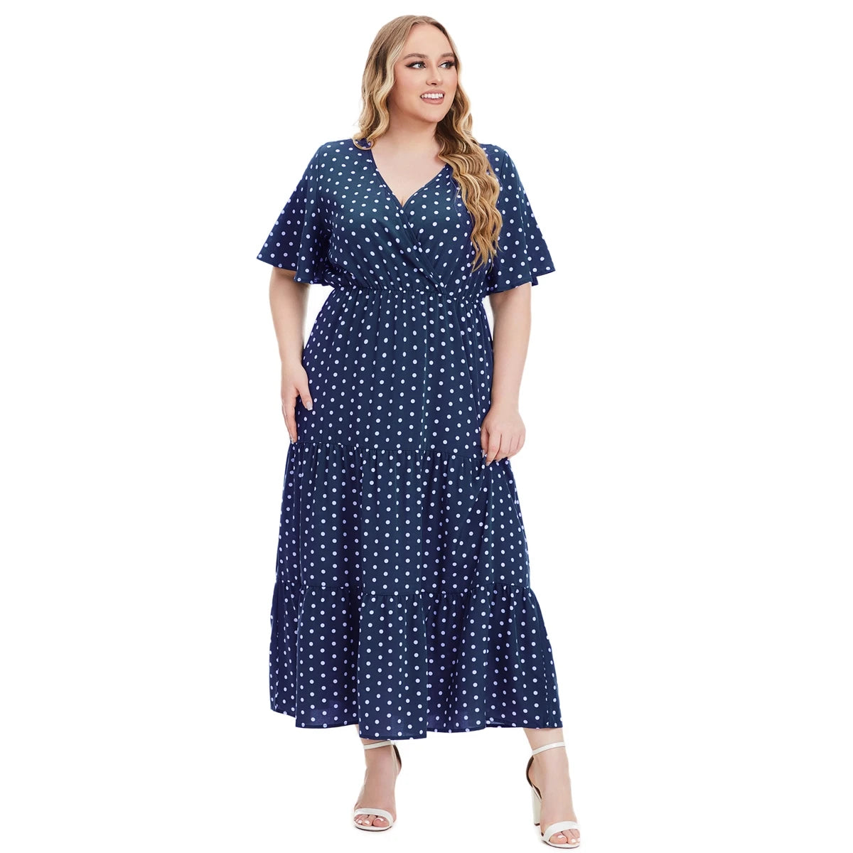 Plus Size New Arrival Fashional Polka Dot Print V Neck Short Sleeve Bohemian Casual Dress