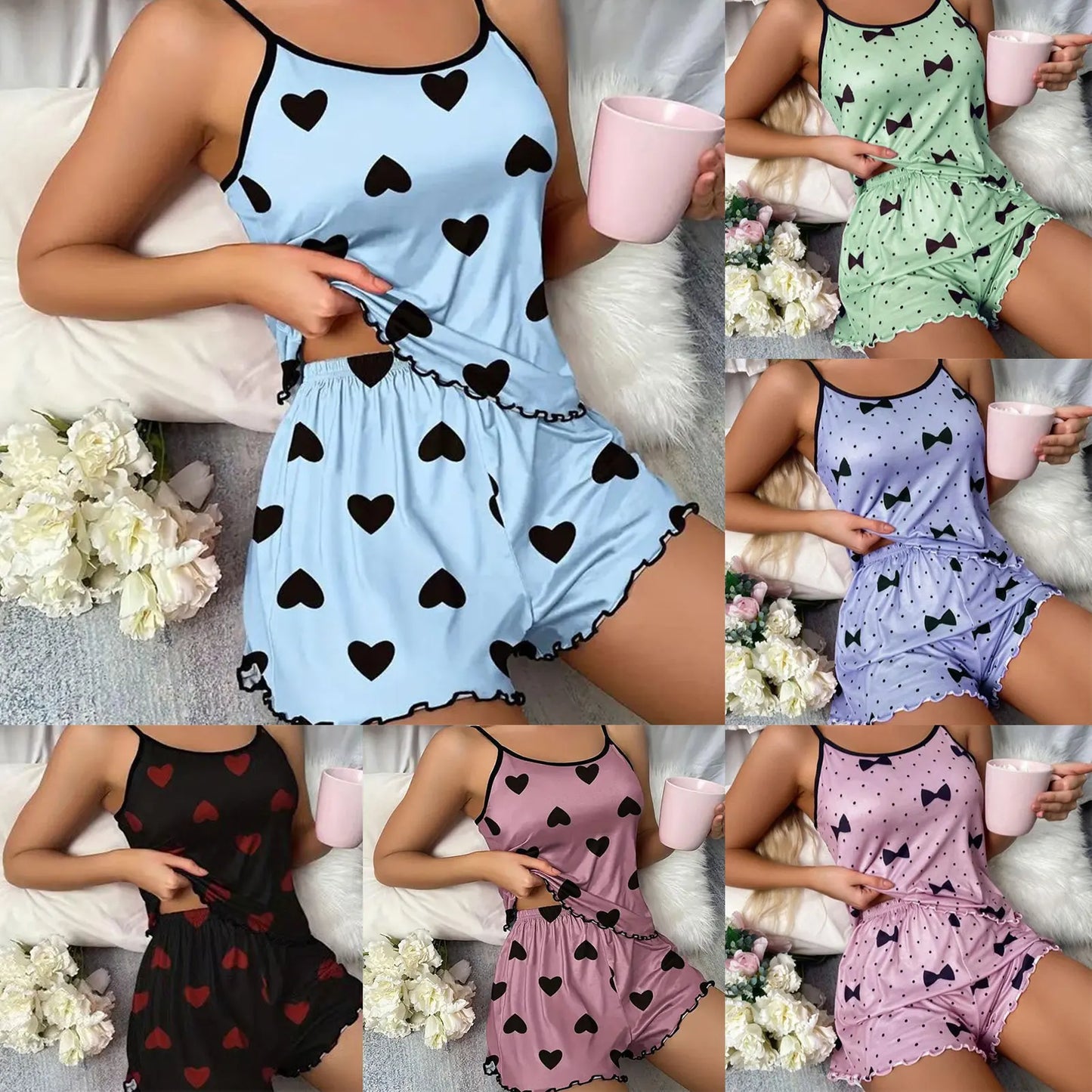 Women Pajamas Set Cute Sexy Soft Cozy Casual Printed Sleepwear With Shorts And Cami For Home lounge/Sleepwear.   S-3XL