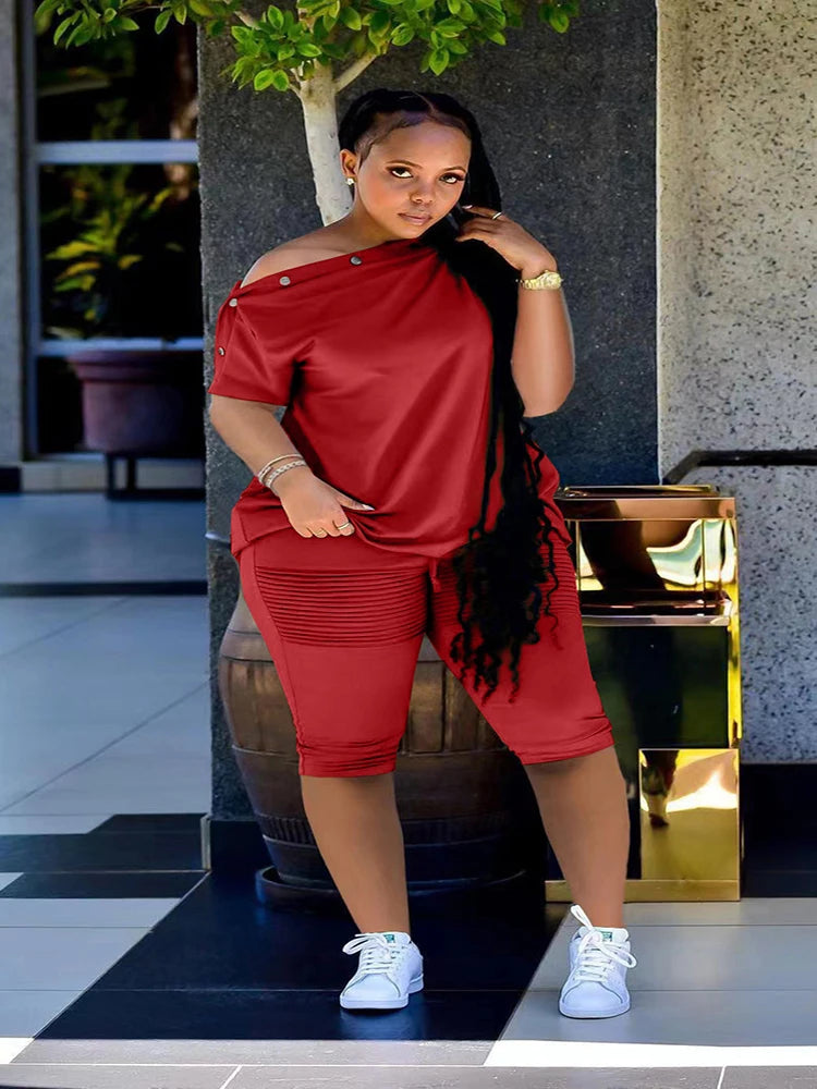 New Sporty Elegant Two 2 Piece Set for Women Button Neck Tee Top and Knee Length Pants Matching Set .  S-2X