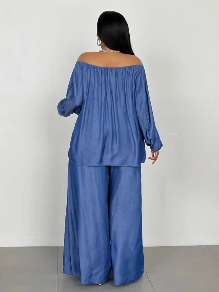 Two Piece Set Women Solid Color Large Size Set Imitating Denim Wide Leg Pant Set.  XL-4X
