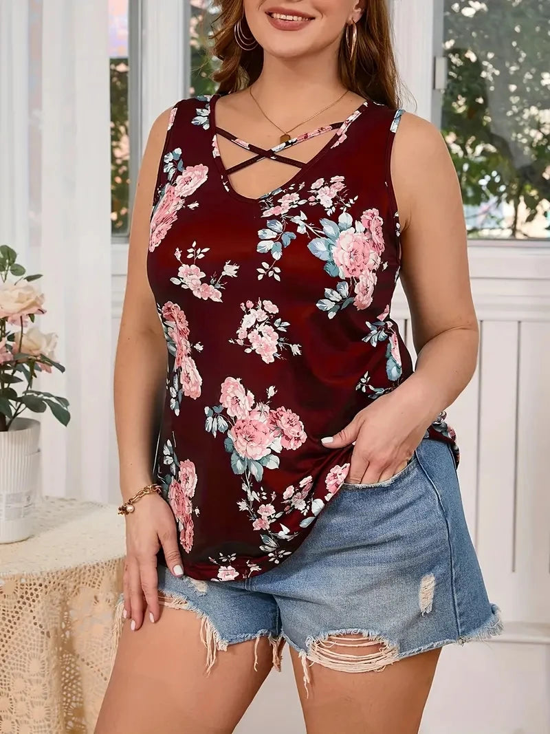 Plus Size Floral Print V-Neck Vest Tank, Soft Slight Stretch Polyester Fabric, Cross Front Detail.