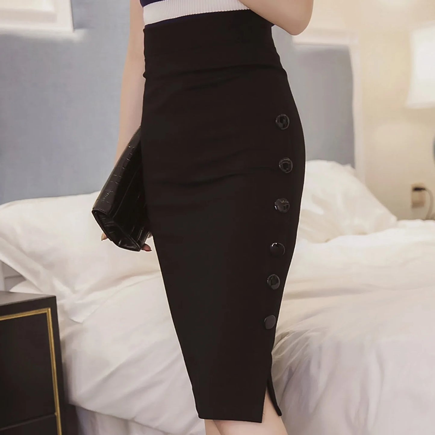 Elegant Women Vintage Slim High Waist Buttons Slit Pencil Skirt  S-3X