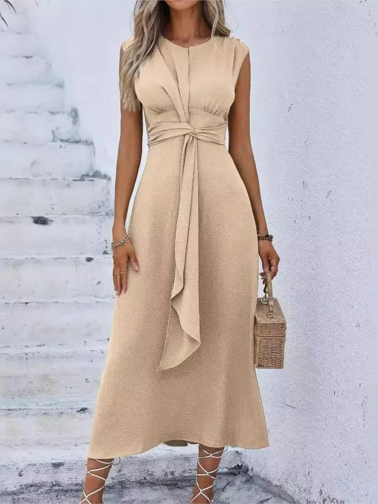 Women's Summer Solid Color Waistband Long Sleeveless Slim Elegant Dress 2025.   S-2X