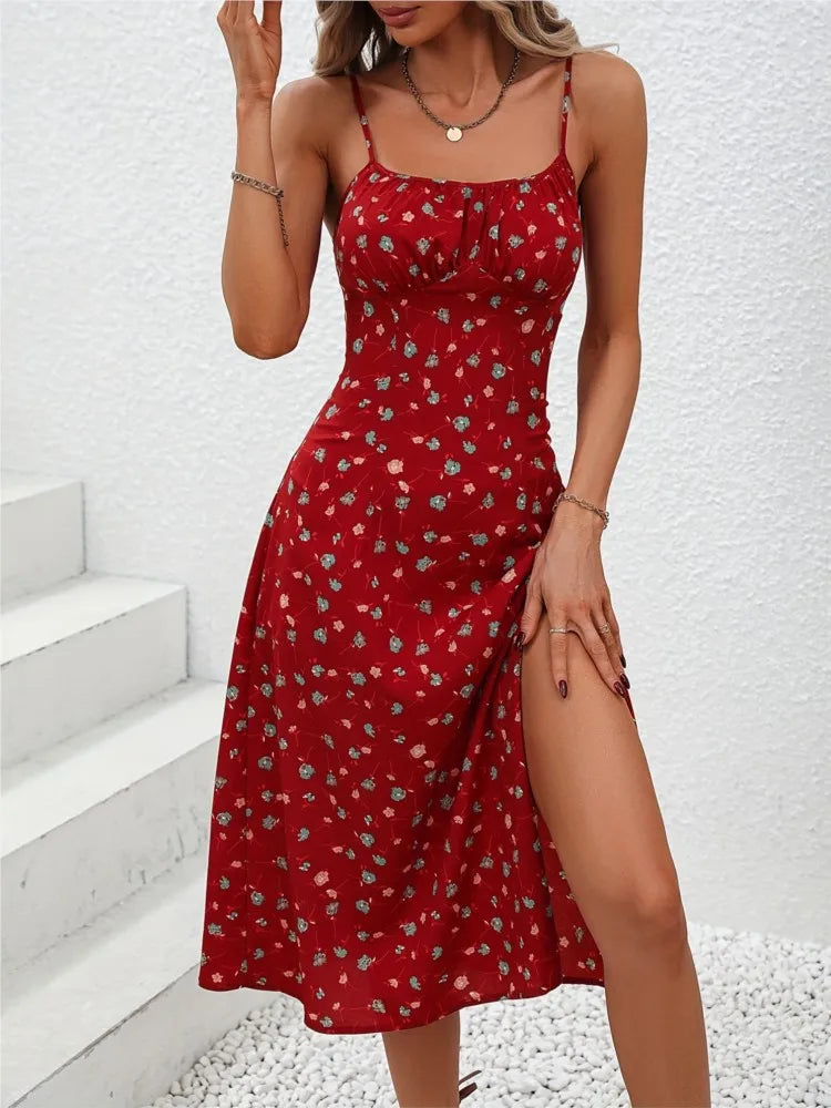 Summer Sexy Spaghetti Strap Dress Fashion Polka Dot Print Sleeveless Slit Dress Boho Casual Dress.  S-xxl