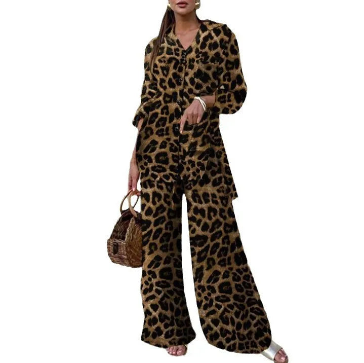 Fashion Leopard Print Women's Suit Two-piece Retro Street Print Casual Loose Long-sleeved V-neck Top Wide-leg Pants Suit.  S-3X