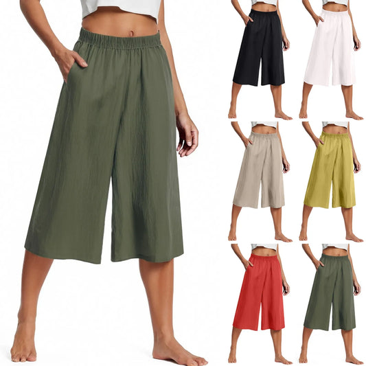 Plus Size Casual and Versatile Lazy Style Wide Leg With Pockets Lightweight High Waist Loose Cropped Capris.   L-3X