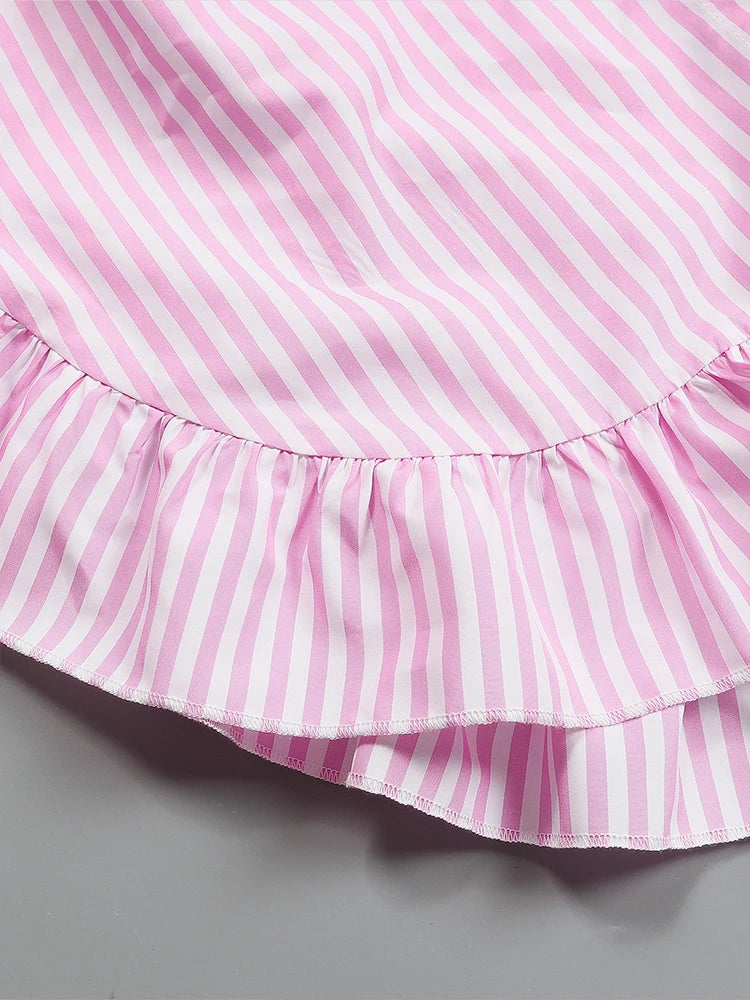 Plus Size New Women's  High Collar Long Sleeve Pink White Striped Long Comfortable Casual Shirt