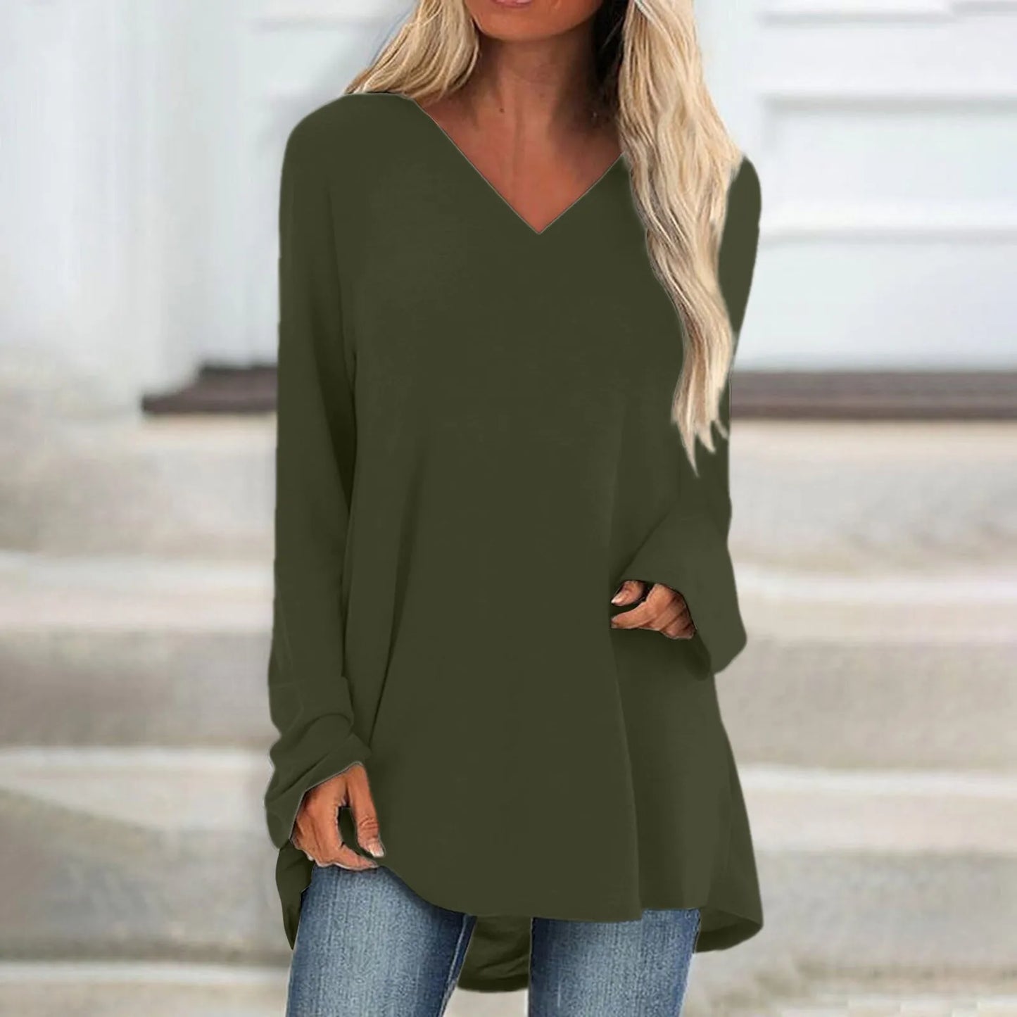 Women's Summer T-shirt Casual Long Sleeve V-Neck Solid Colour Loose Long Blouse/Shirt.  S-3xl