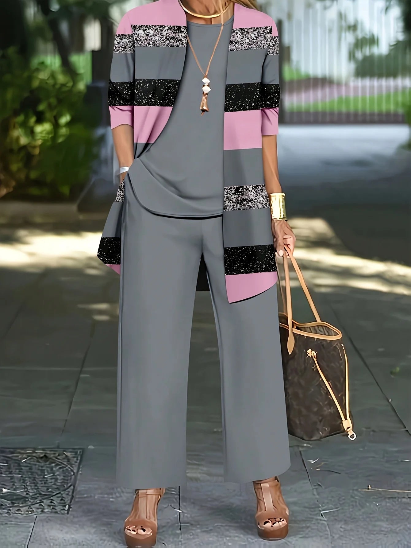 Plus Size 1XL-5XL Women's Fashion Three-Piece Outfit Set Ladies Casual Long Sleeve Cardigan Tank Top and Long Pants Outfit.