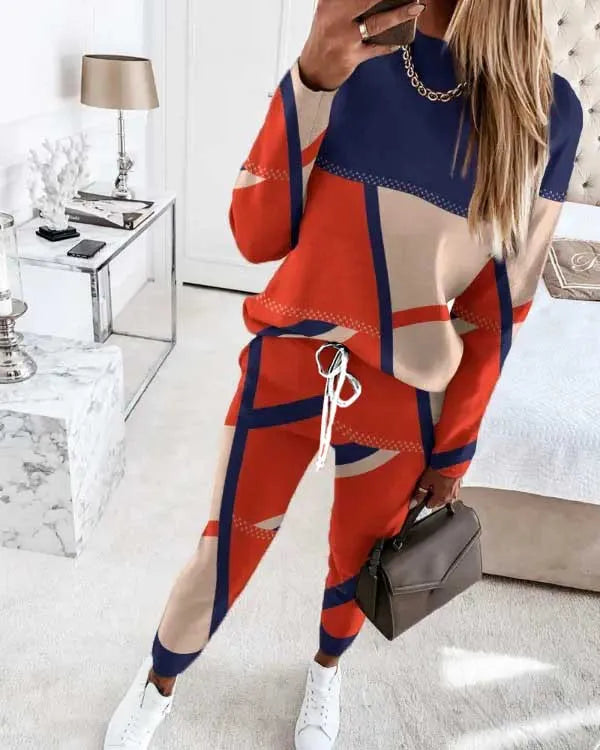 Spring New Contrasting Color Print Set Casual O-Neck Long Sleeved Top Long Pant 2 Piece Set 2025 Fashion Women Clothing.  S-3X
