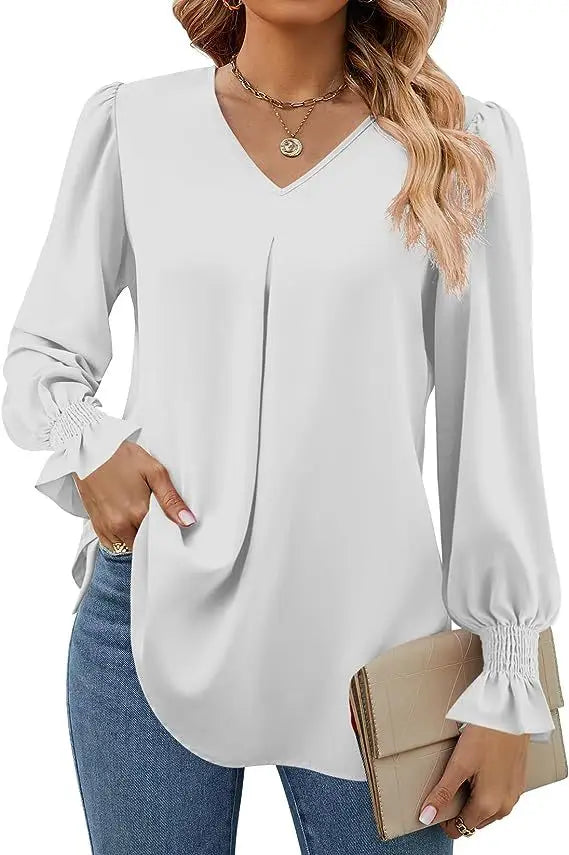 Women's Solid Colour Chiffon Shirt V-neck Long Sleeved Top Elegant Loose Blouse.  S-2X