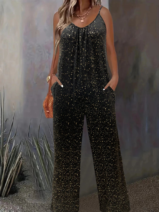 Plus size fashion women's full body black and gold sequin with pockets jumpsuit