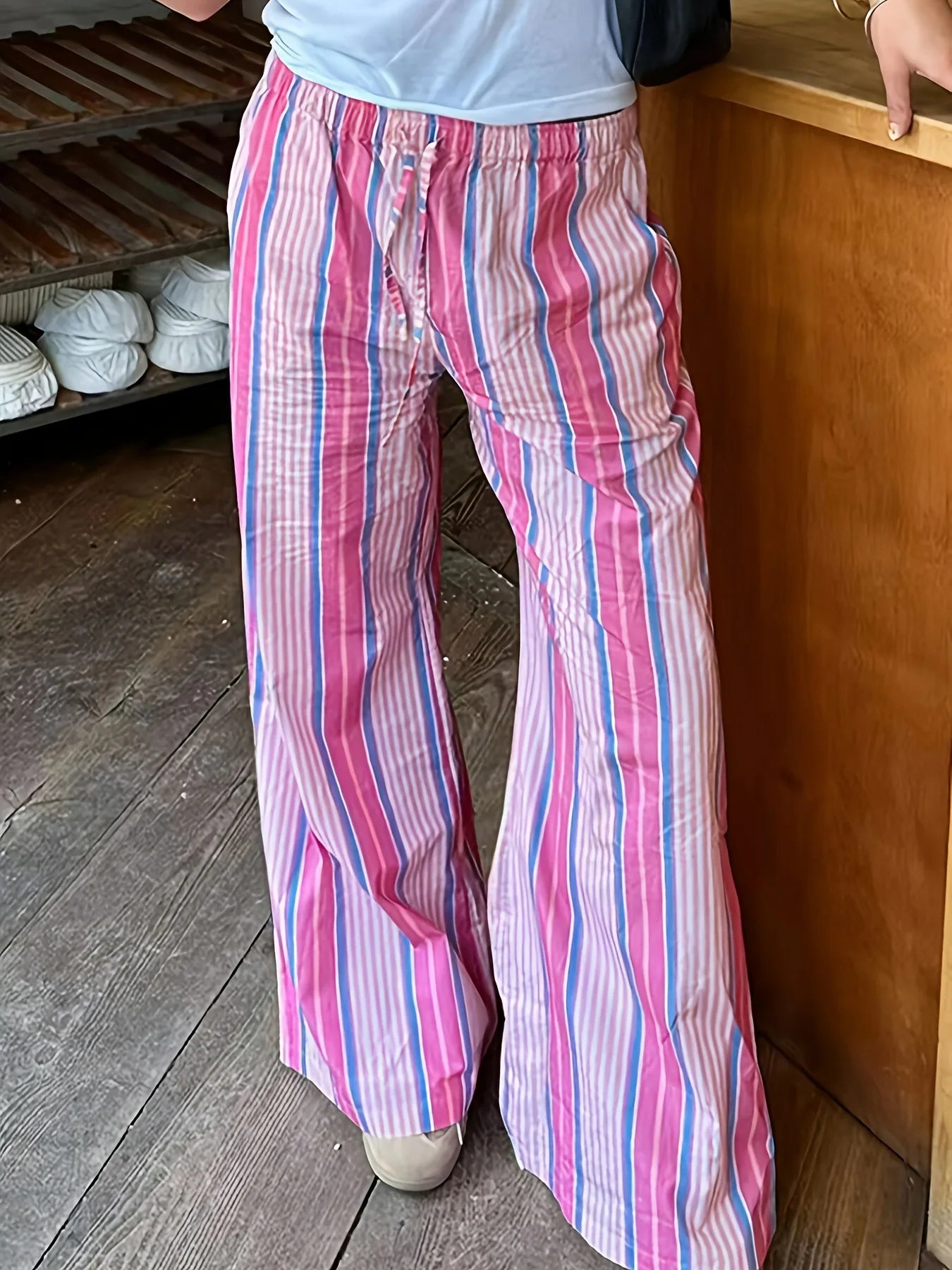 2025 European style women's striped high waist loose fashionable casual comfortable pants.   XS-XL