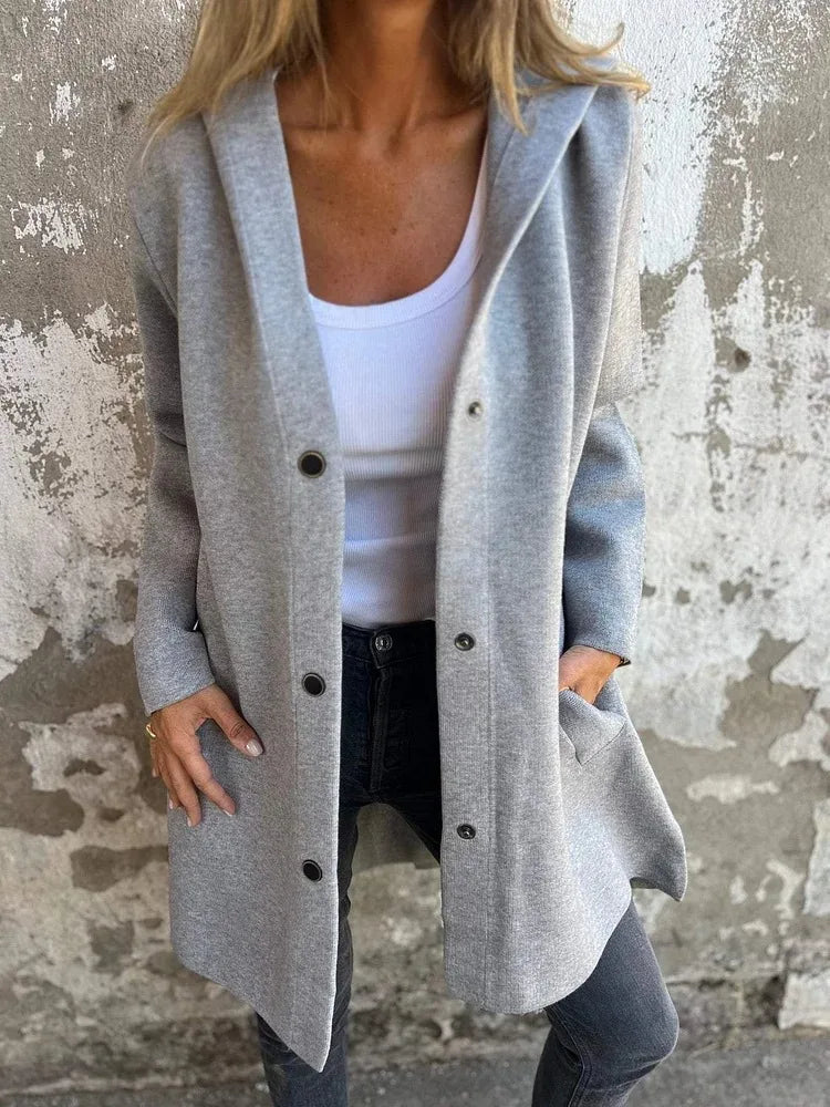 Women solid button hooded pocket jacket casual loose jackets great for fall outerwear fall .  S-2X