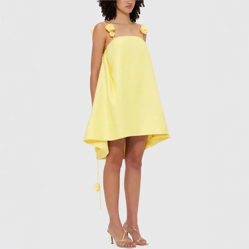 Floral Camisole Dress Sexy Fashion Yellow Backless 2025 Spring Summer Cocktail Gown.  S-XL