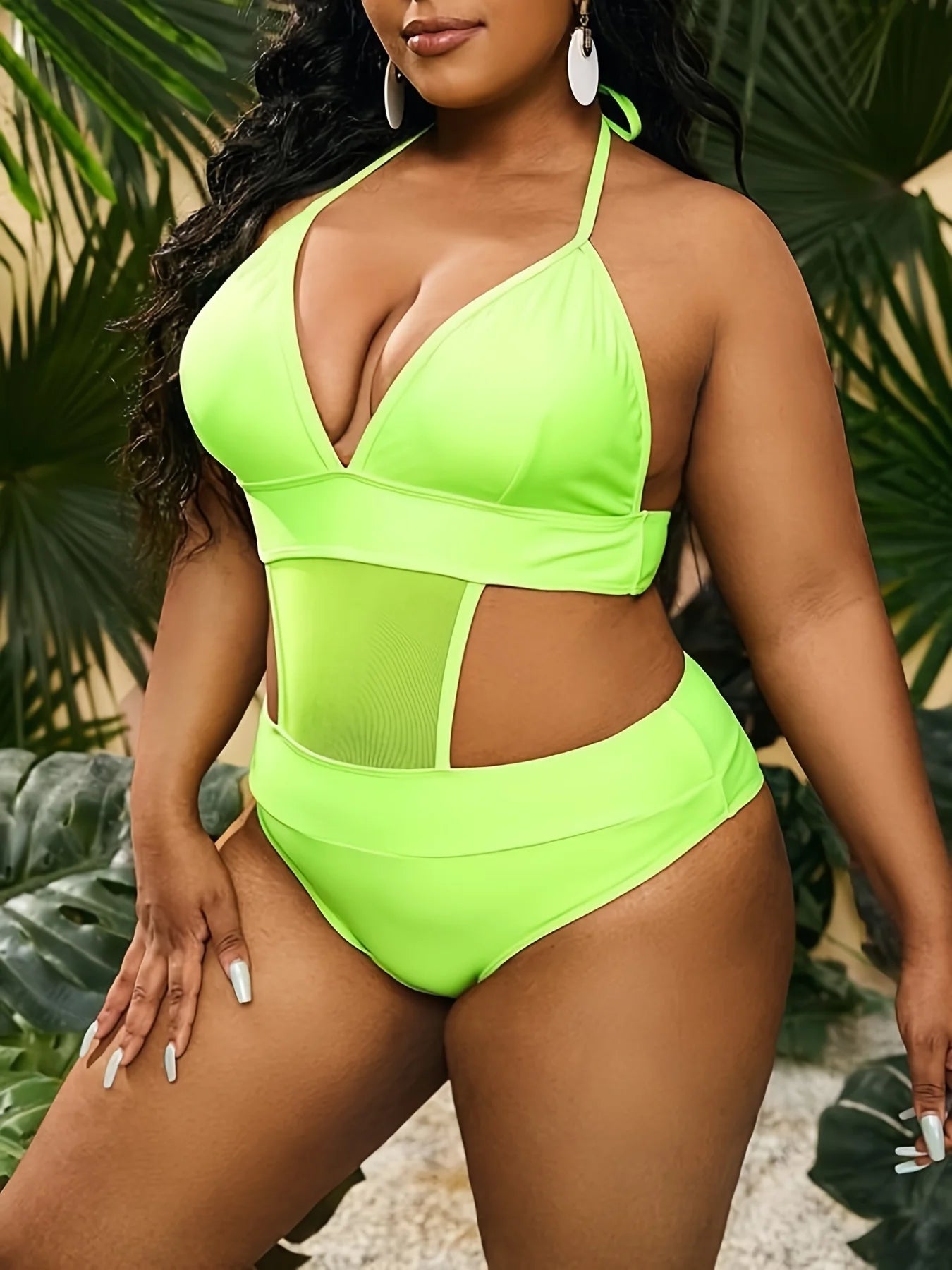 Curvy Flattering Contrast Mesh Solid One Piece Swimsuit With Cover.