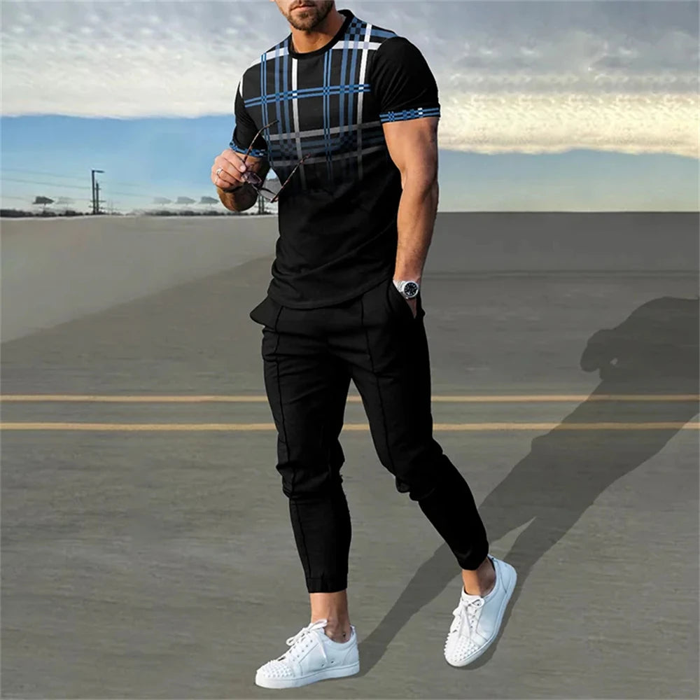 Men's 2 Piece Set Short Sleeve Sportswear Fashion Men's Clothing Trousers Casual O-Neck.  M-5X Tops Pants Suit.