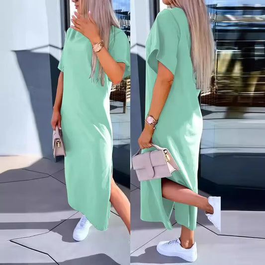 Simple O Neck Short Sleeve Solid Dress For Women Summer Casual Loose Split Long Dress.   S-2xL
