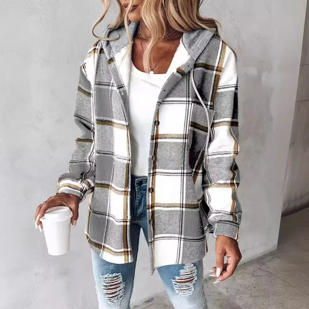 Women's Plaid Style Women's Jacket Hooded Plaid Casual Loose light Jacket.  S-3x