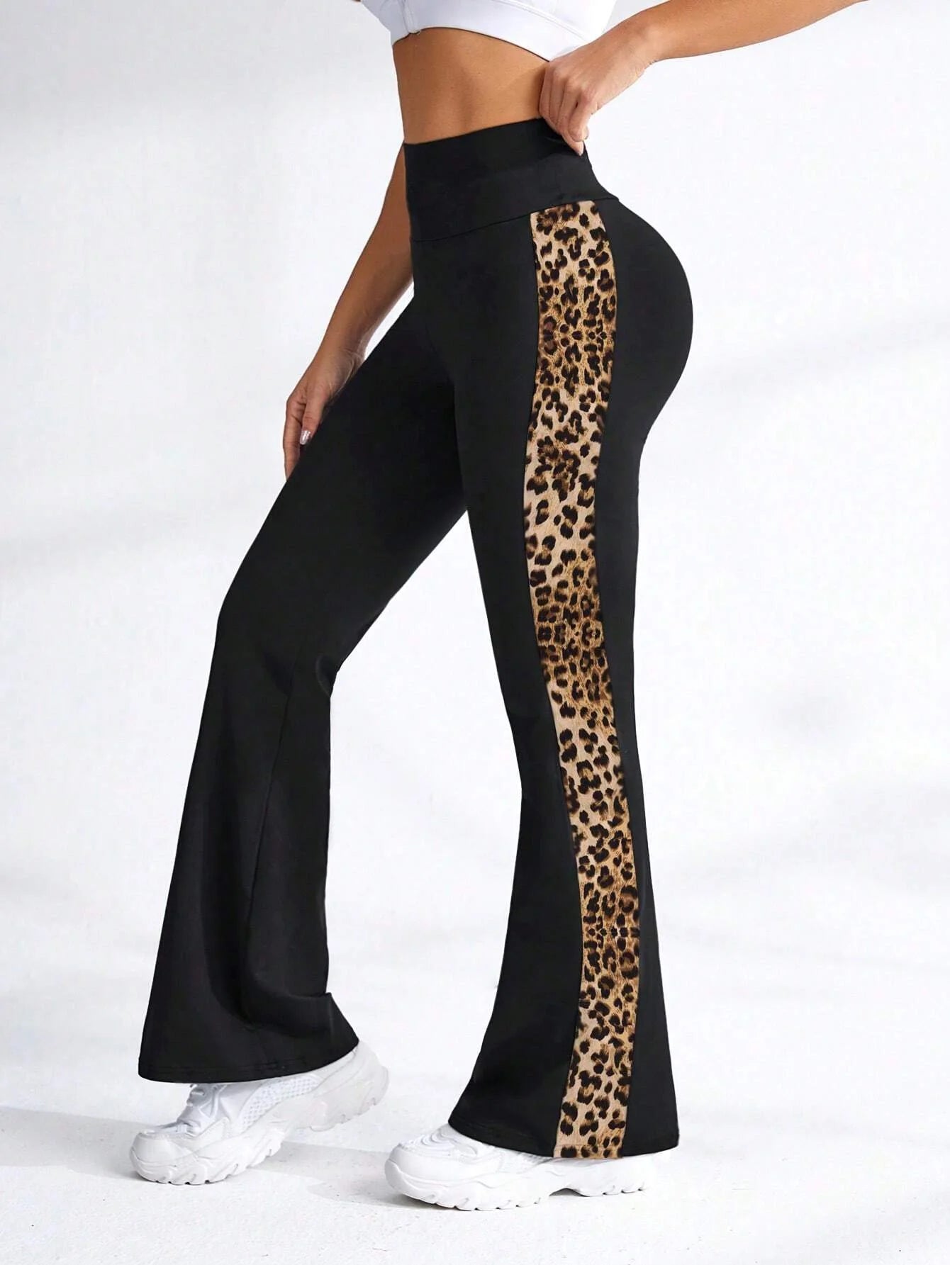 Women's Leopard Print Patchwork Elastic High Waist Sports Leggings .  S-2X
