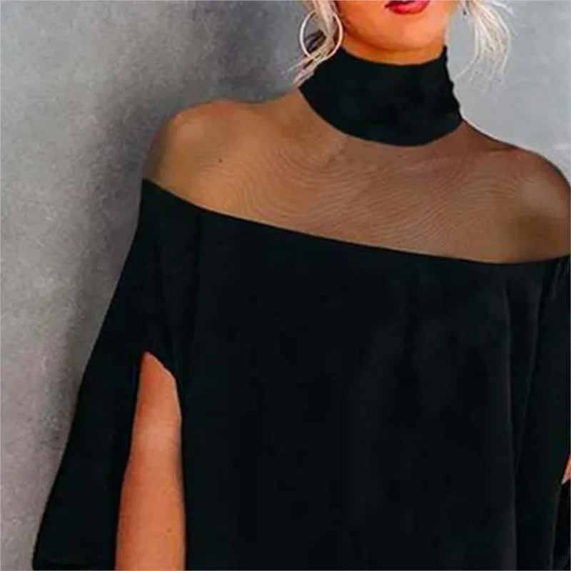 Women's Elegant Sheer Mesh Patchwork Mock Neck Top Loose Fit Casual Batwing Half Sleeve.  S-1X