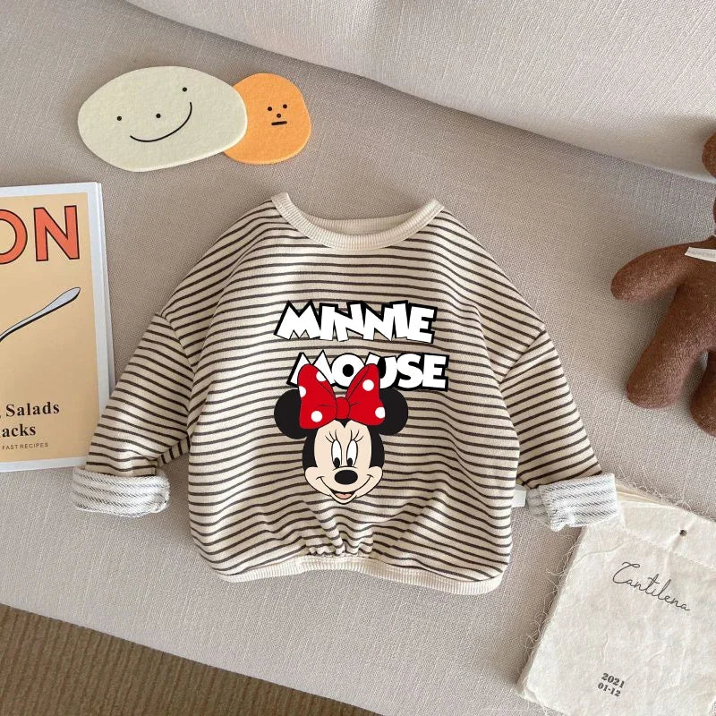 Disney Mickey Mouse 1-8T Cotton Children Clothing Long Sleeve T-shirts Striped Boy Girl Tops Kids T-shirt Autumn Spring Tee Kids