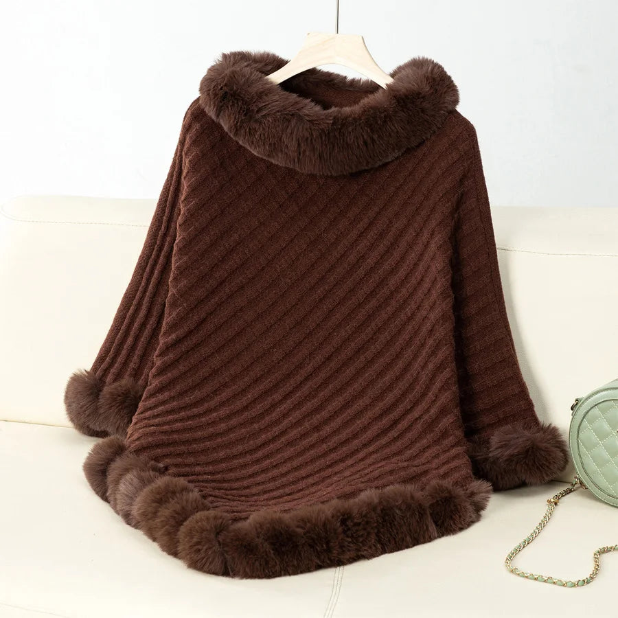 Fashion Plaid Striped Faux Fur Pullover Women Autumn Winter Knit Poncho