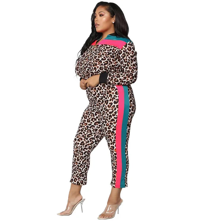 Curvy Size Two-piece Set, Fashion Sexy Leopard Jacket + Pants Suit Casual Wear