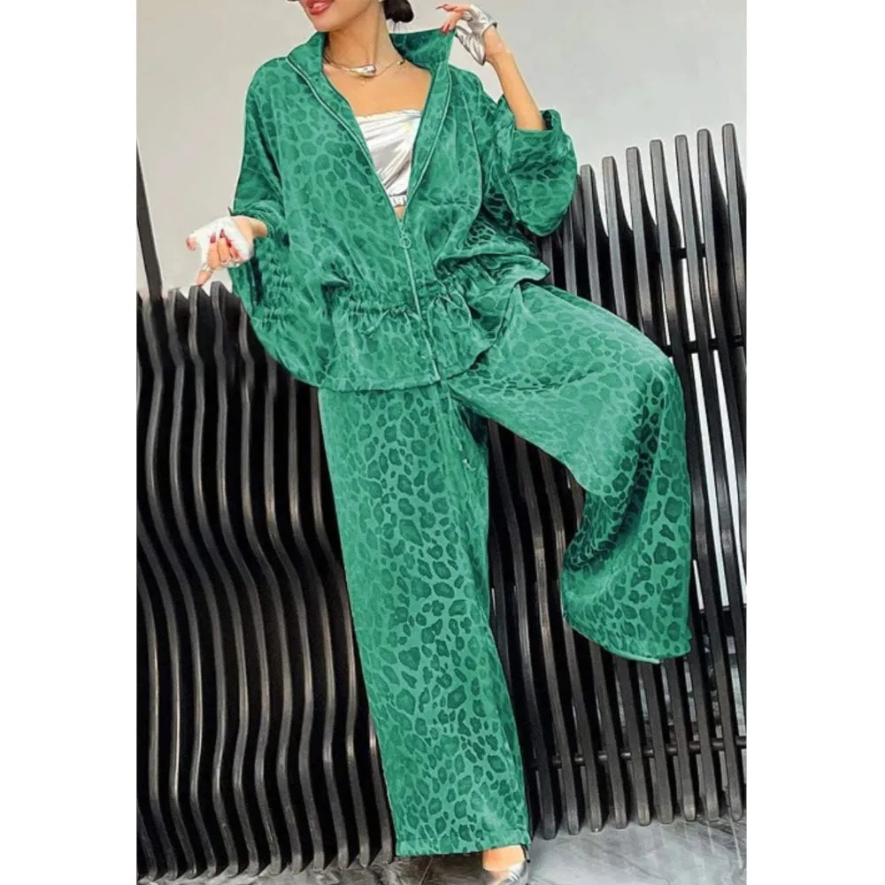 Fashion Leopard Print Casual Lace-up Waist Women's Suit New Loose Wide-leg Pants Elegant 2 Piece Set.  S-3X