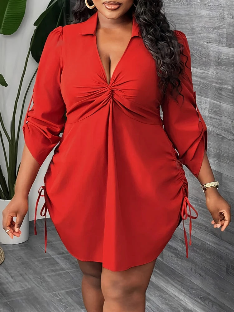 Curvy Size Long Sleeve Shirt Dress or Top, Twisted Front Waist Drawstring Casual Wear