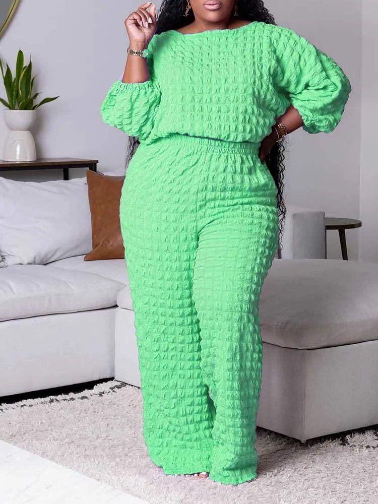 Curvy Size Woman Casual and Comfortable Long Sleeve 2 Piece Outfit Set Bubble Waffle Pleated Top and Pants.