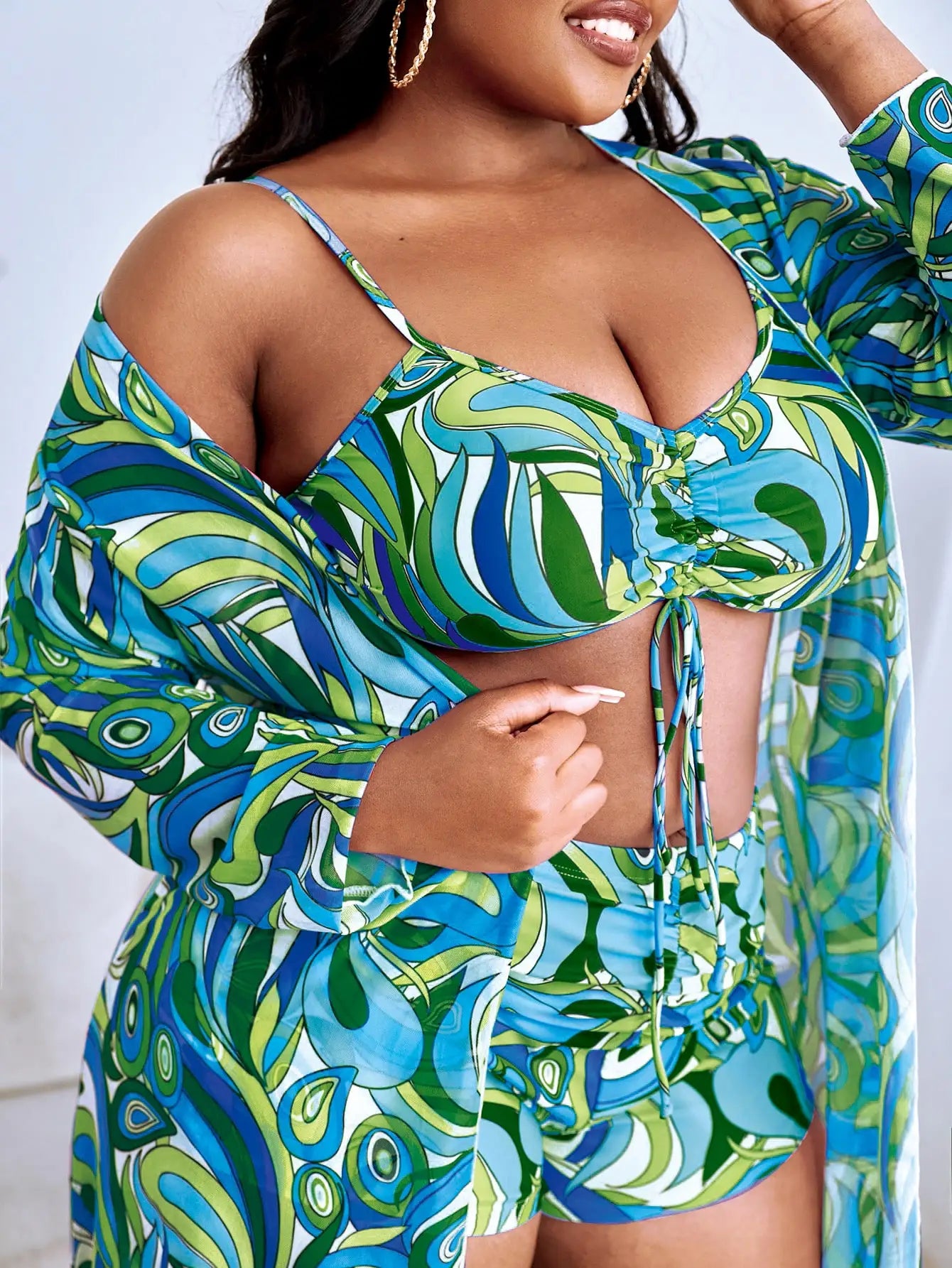 3 Piece Curvy Size Printed Swimsuit & Kimono Beach Wear